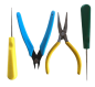 Preview: Stringing tool set consisting of two awls, needle nose pliers, side cutter.